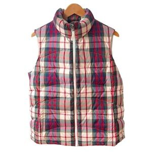 Lands' End Down Filled Quilted Puffer Vest Red Green Tartan Plaid Sz LP 14-16
